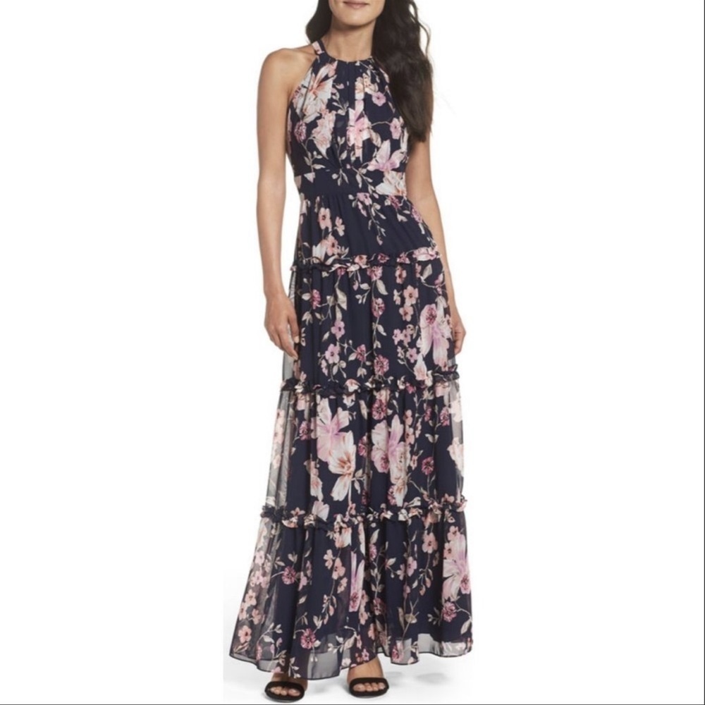 Navy Floral Halter Tiered Maxi Dress - Pink Floral